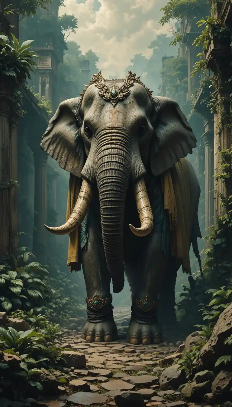 Elefante da guerra tra rovine di giungla invasa nella pittura a olio