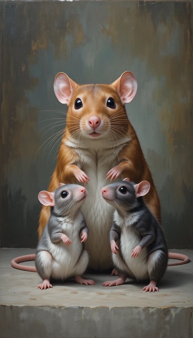 Realistisches Ratten‑Familienporträt mit sanftem neutralem Hintergrund