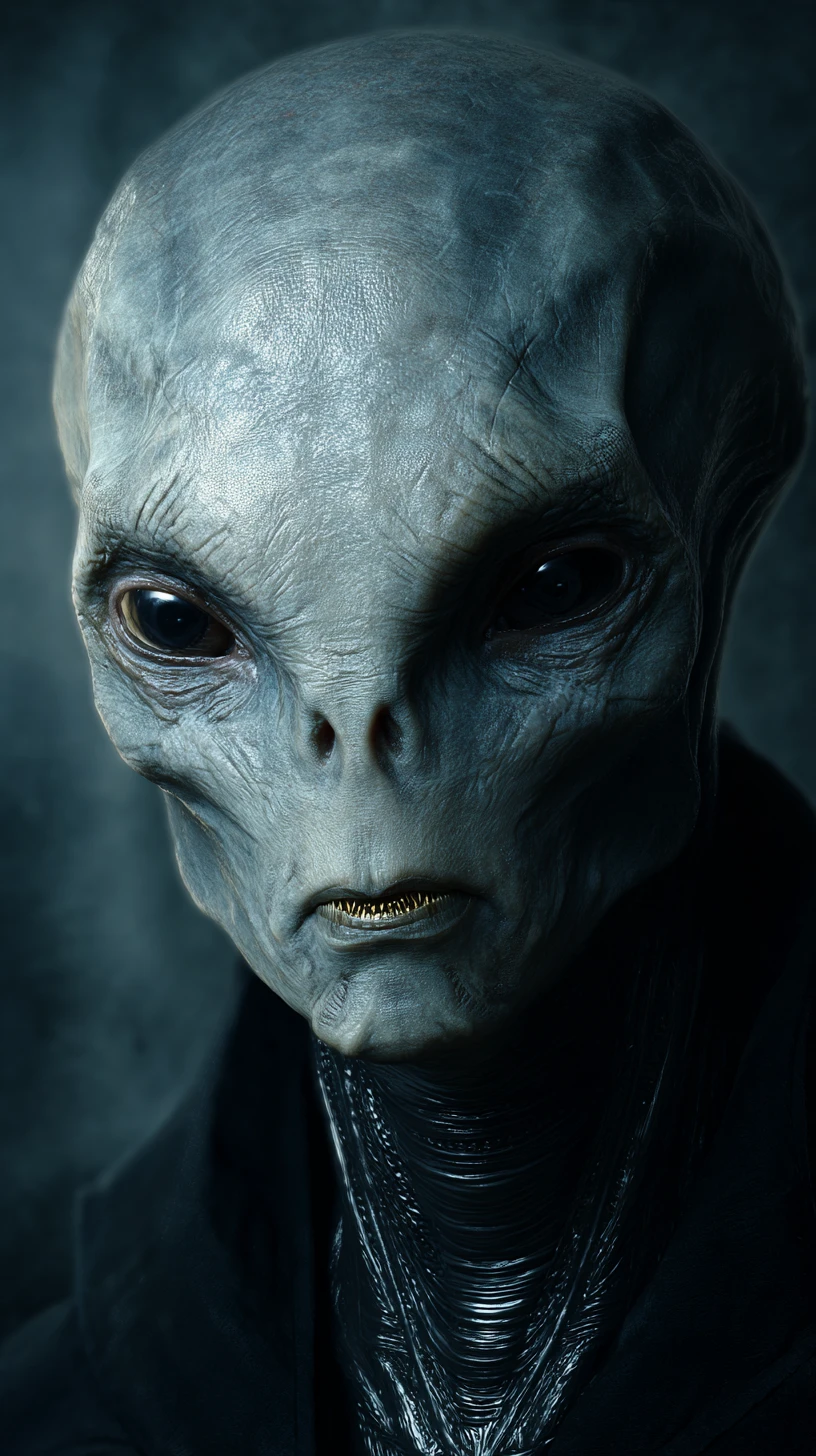 Figura alienígena siniestra con traje negro brillante – retrato