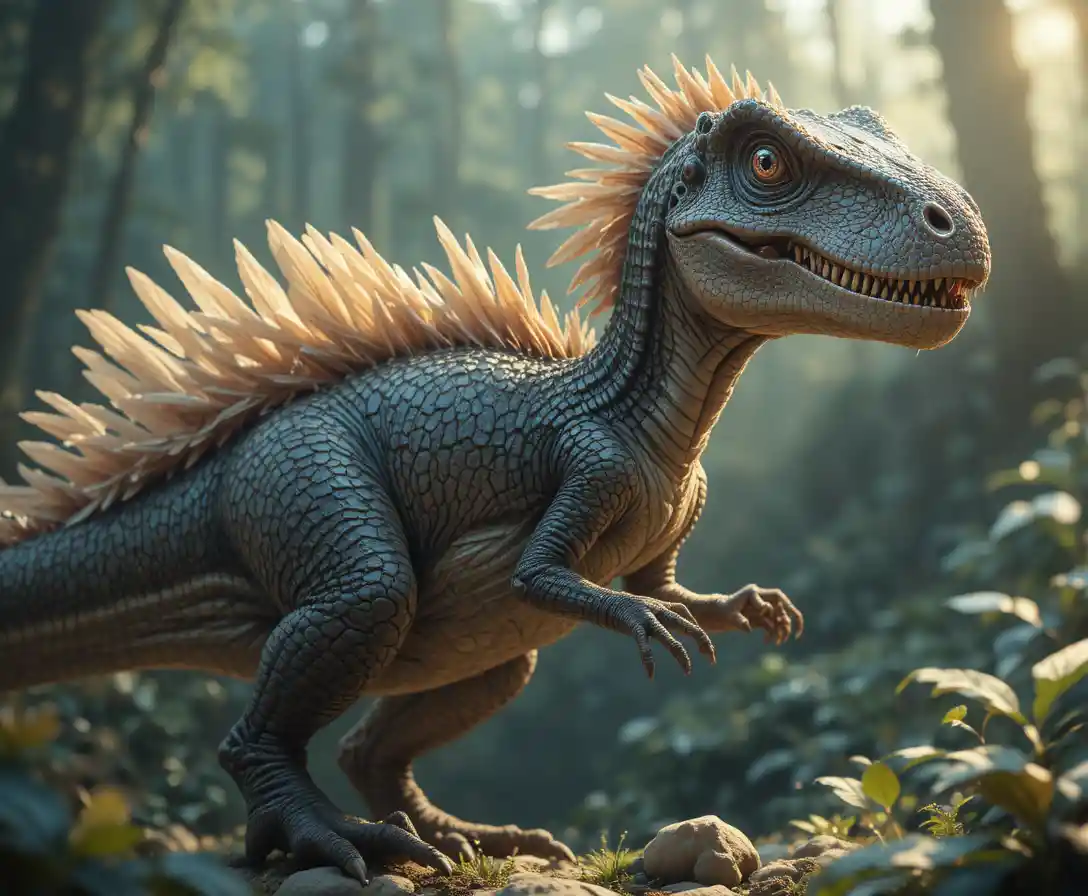 Retrato em anime de velociraptor com penas em luz suave e delicada