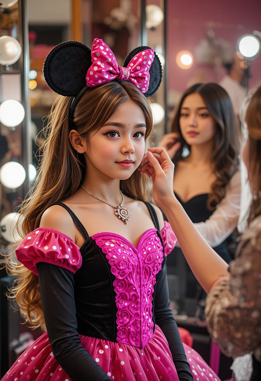 Young boy in Minnie dress getting makeup in boutique dressing room
