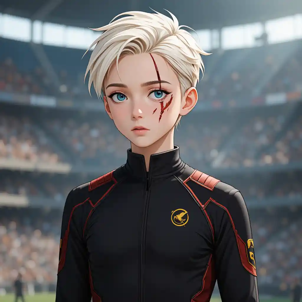 Injured anime boy with pale blue eyes in black uniform