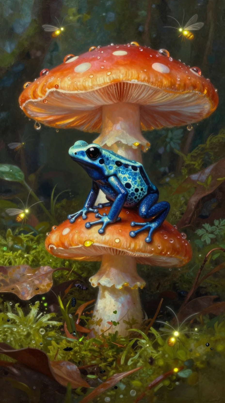 Poison dart frog on a glowing forest mushroom