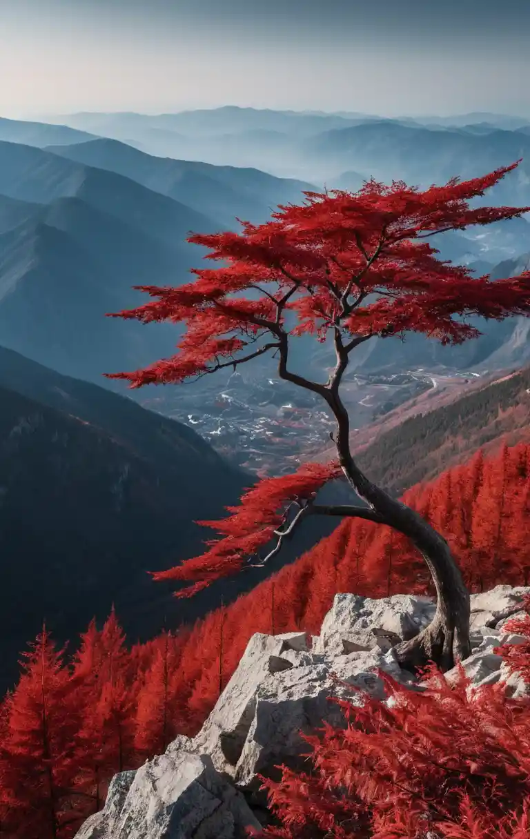 遠方山峰與紅色樹林的寧靜山景