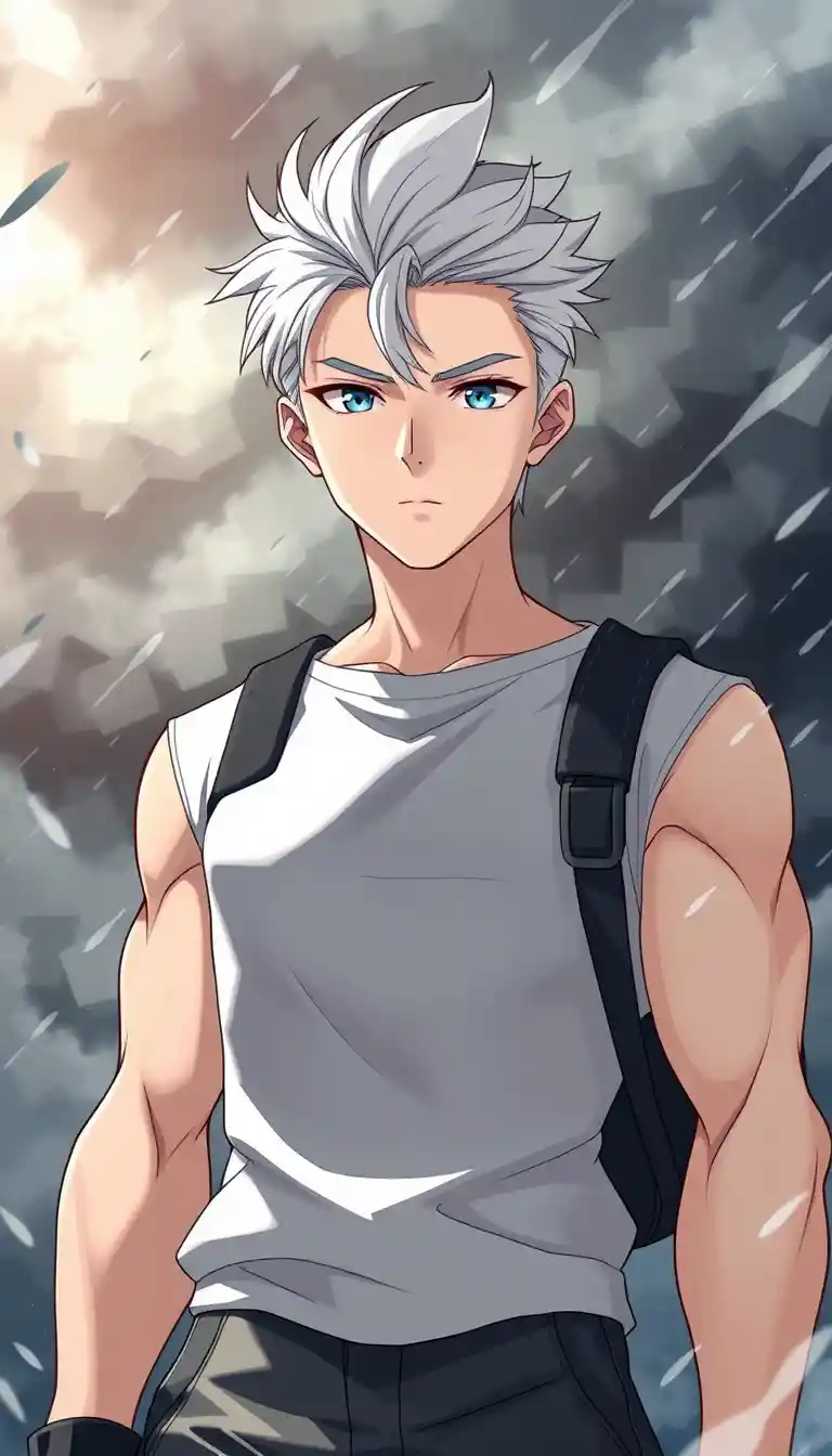 Weißhaariger Anime-Mann in stürmischer Outdoor-Szene