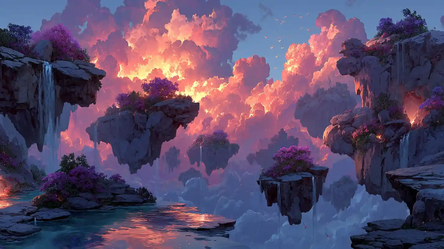 Floating sky islands with glowing bridges and waterfalls