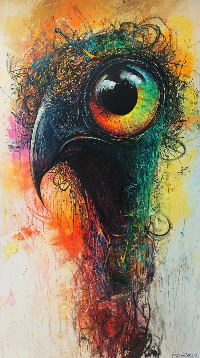 Surreal mixed media bird with large mysterious eyes