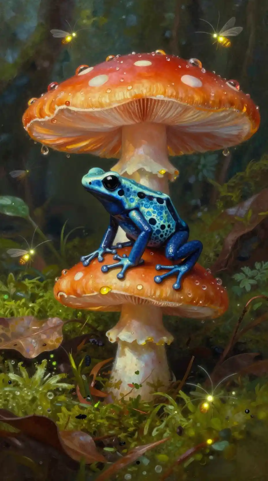 Rã venenosa em um cogumelo brilhante na floresta