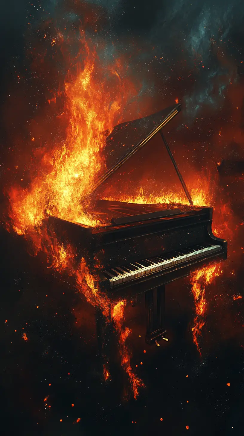 Pianoforte a coda che sorge da fiamme e nebbia turbinanti