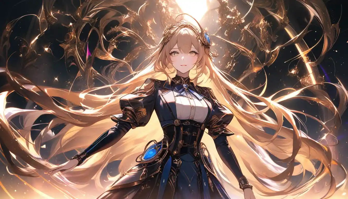 Majestätische Anime-Heldin im leuchtenden Steampunk-Wirbel