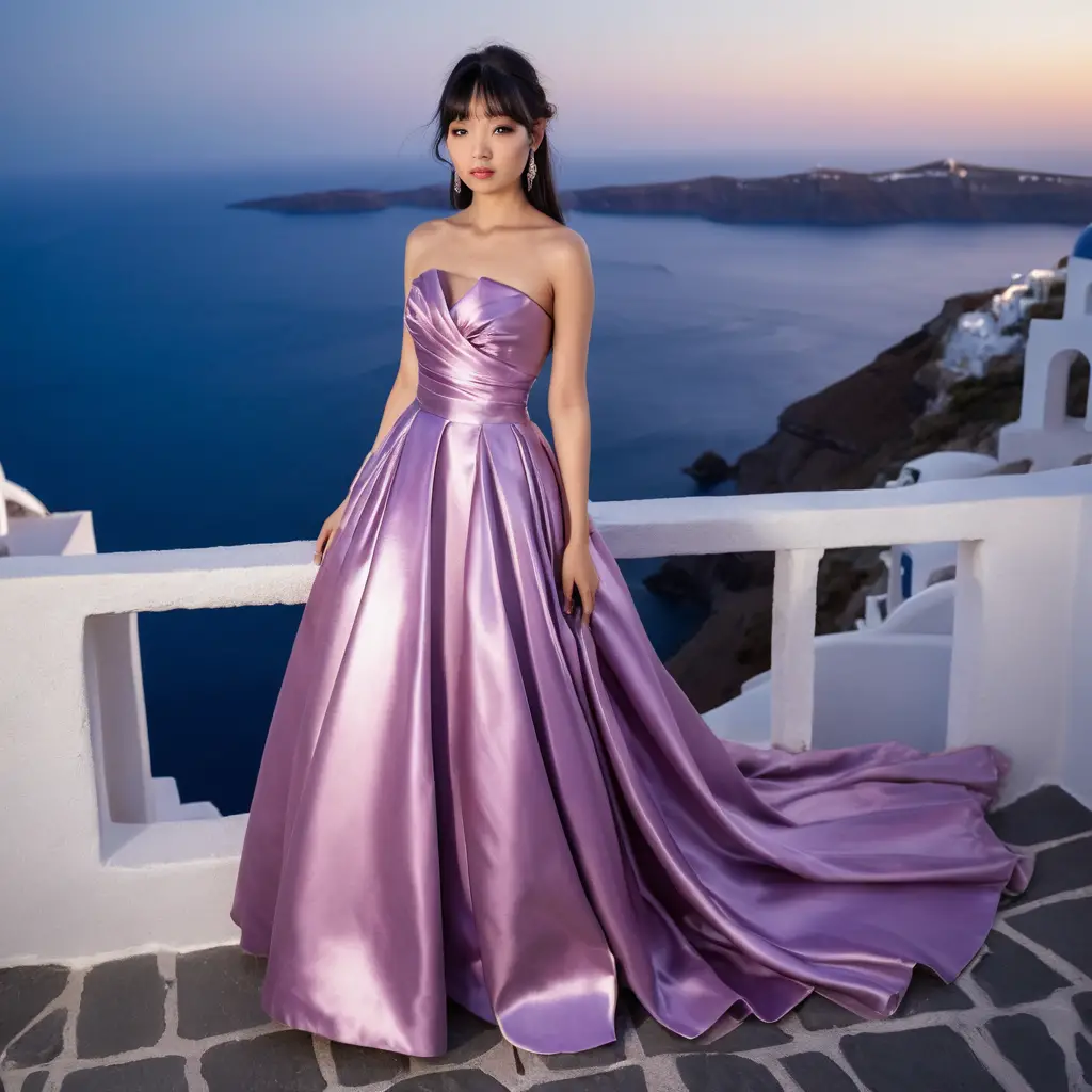 Elegante mulher japonesa em vestido de cetim à noite em Santorini