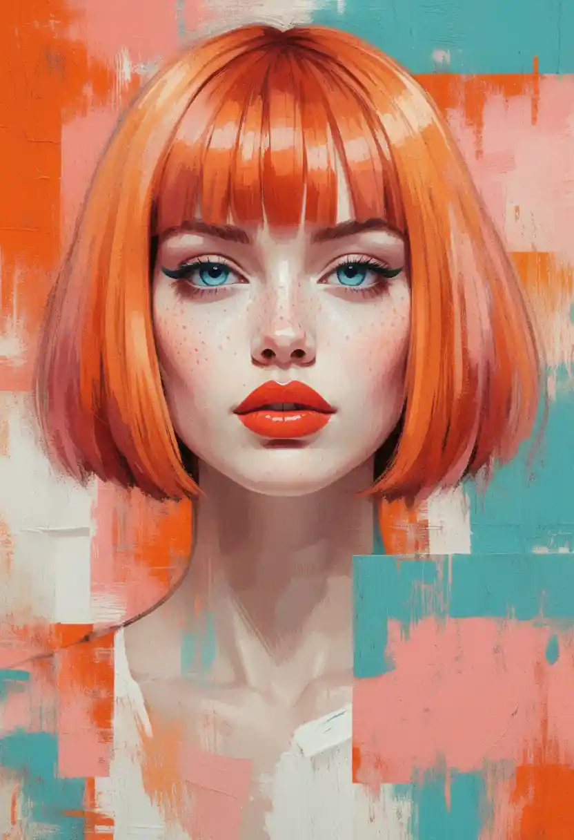 Retrato digital pop art de garota com cabelo chanel vermelho