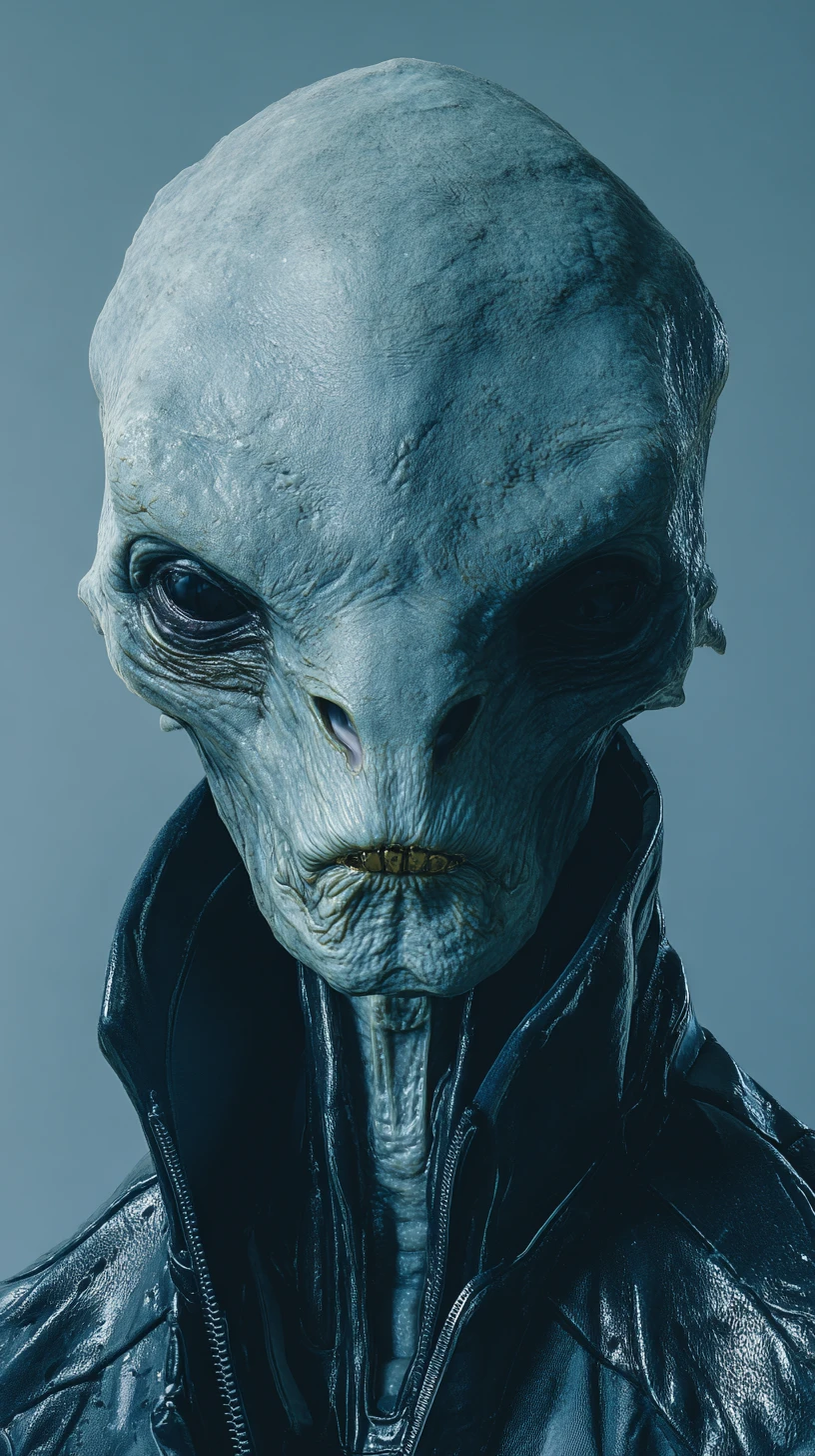 Figura alienígena ameaçadora em terno preto brilhante – retrato