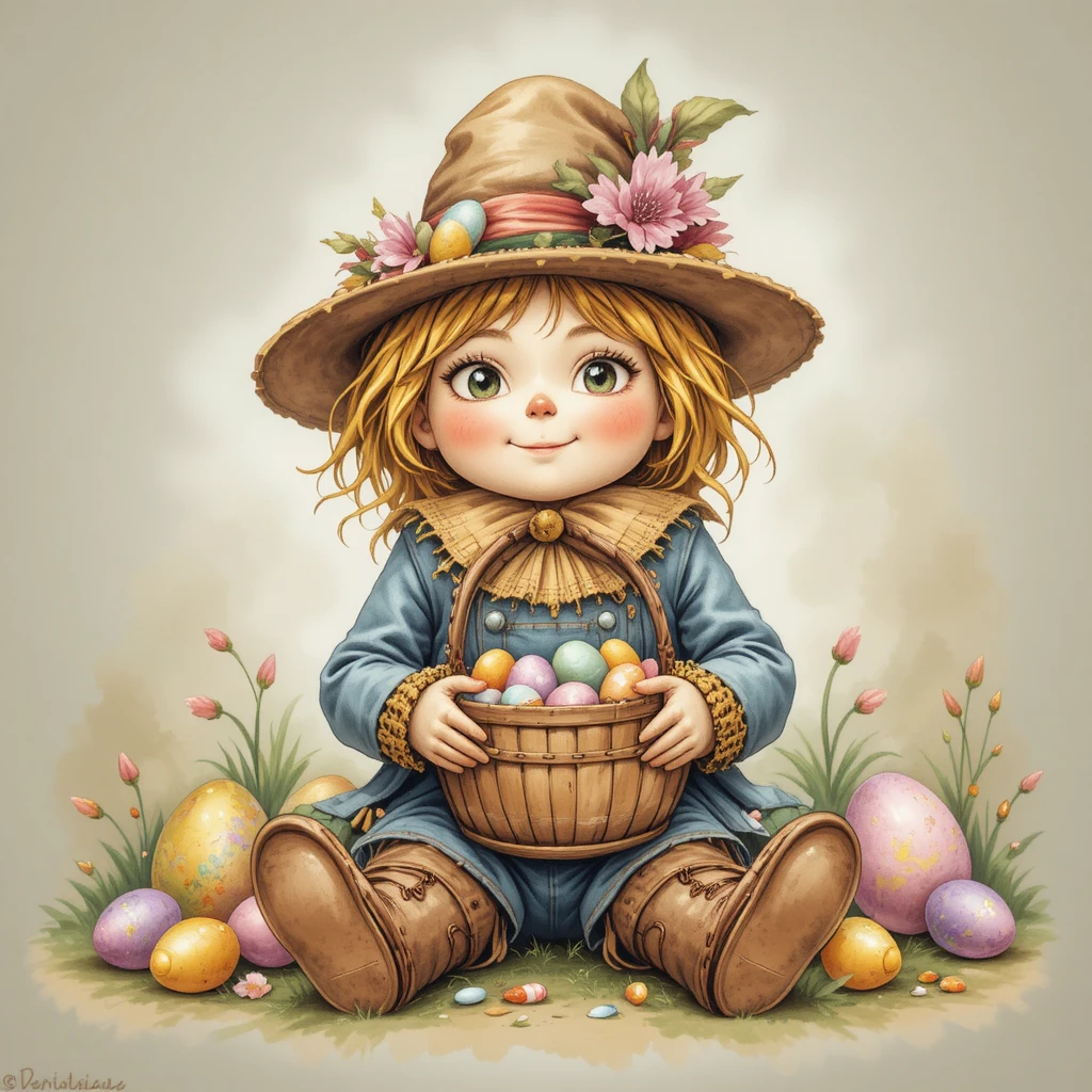 Espantalho fofo com roupa de Páscoa e cesta de doces