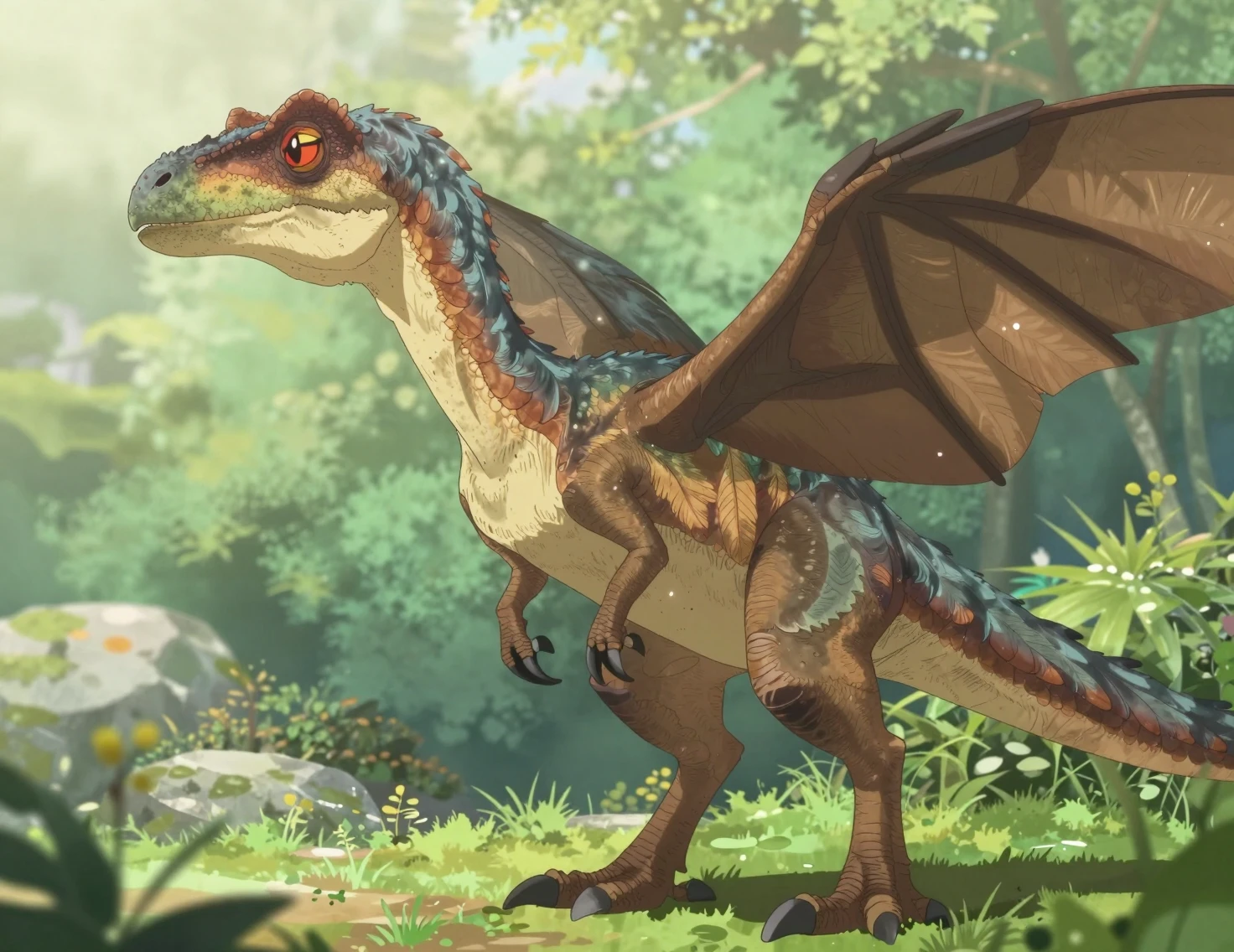Retrato sereno de velociraptor emplumado en suave estilo anime