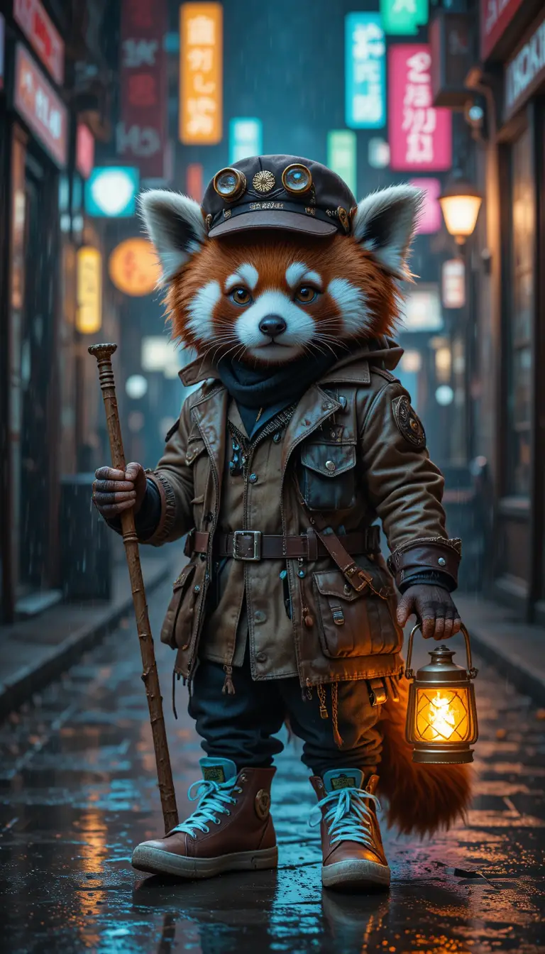 Red panda traveler in neon alley with glowing lantern