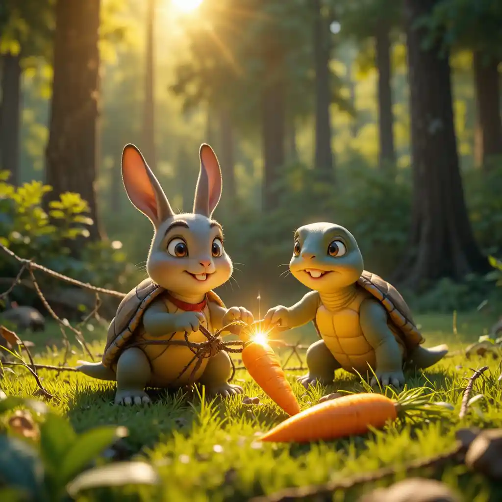Little Rabbit Trapped In A Forest Net With Helpful Turtle