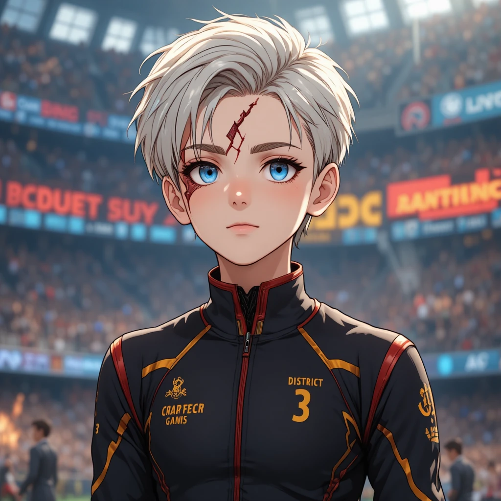 Garoto de anime ferido em uniforme preto de arena com olhos azul-claro