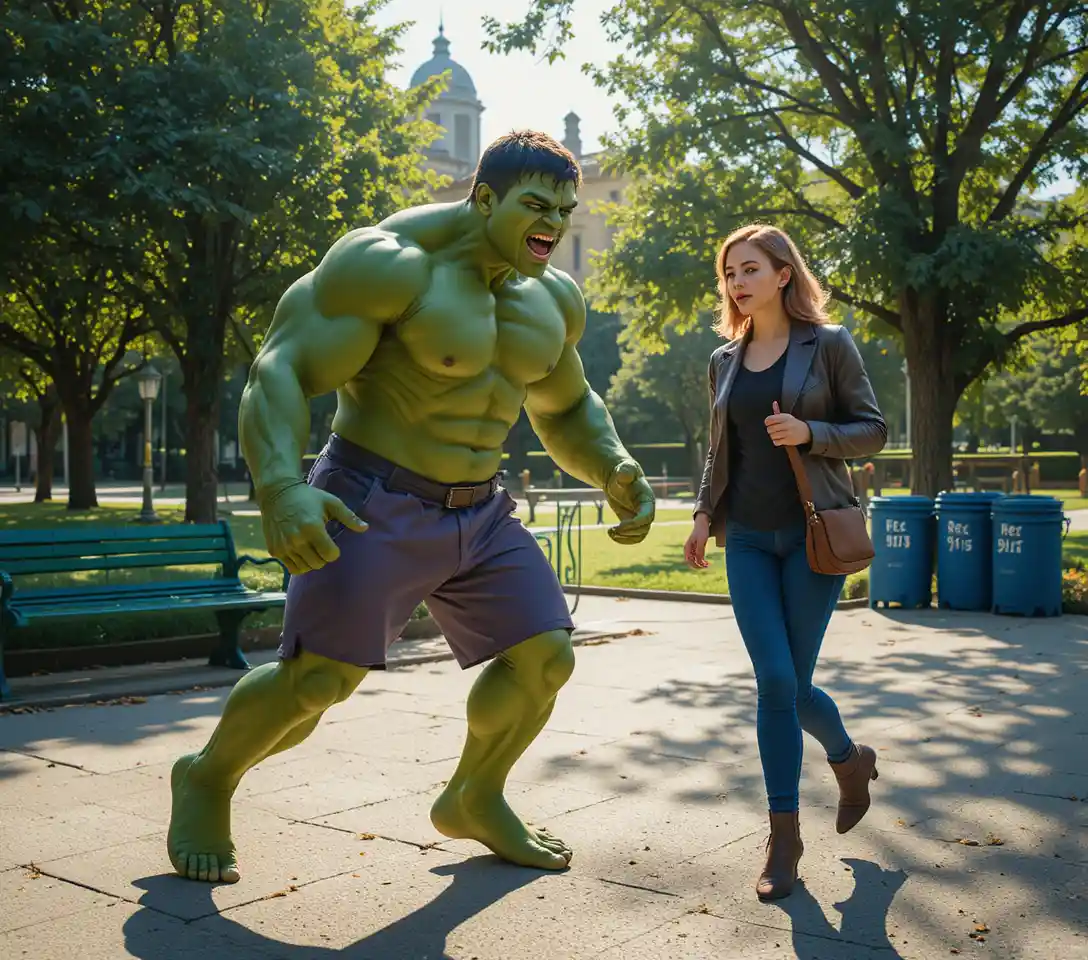 Homem musculoso verde e irritado correndo por parque ensolarado na cidade