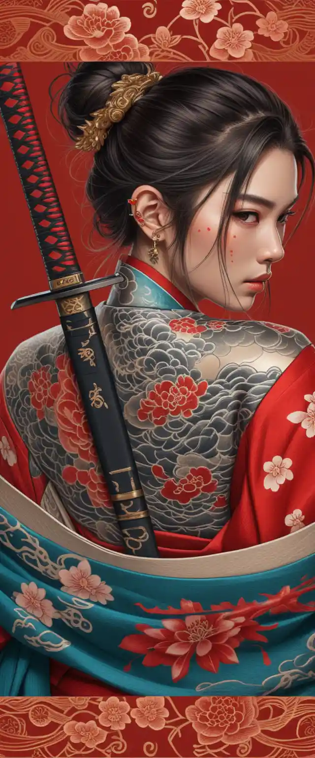 Donna tatuata in kimono con katana su sfondo rosso