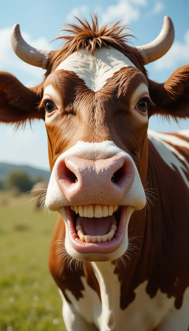Vaca divertida y sonriente en un día soleado y cinematográfico en el campo