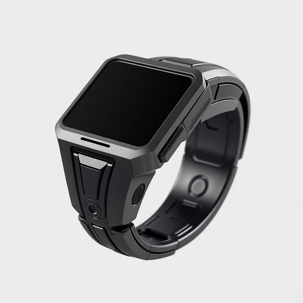 Futuristic alien forearm cuff with integrated touchscreen