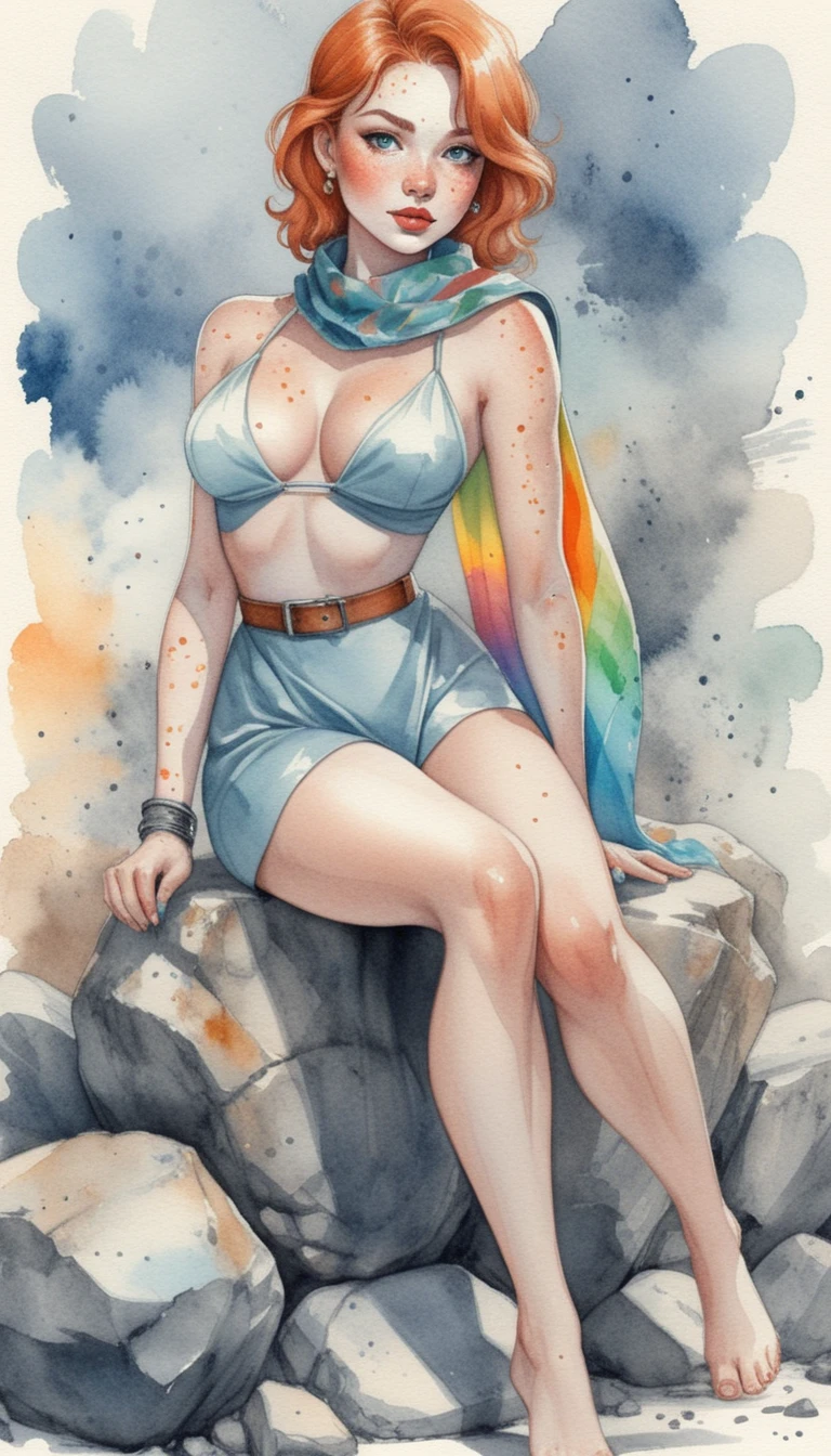 Mulher fantástica com cachecol arco-íris em rochas em aquarela