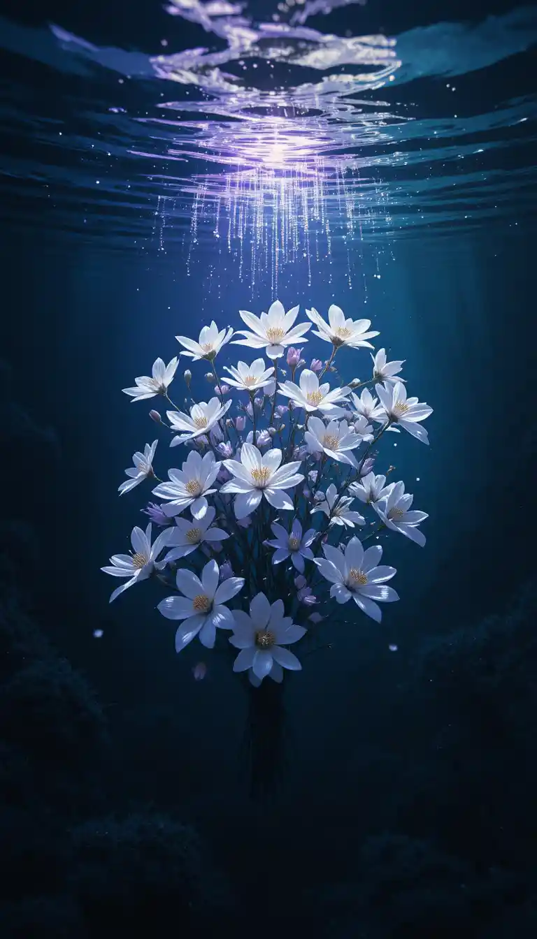 Des fleurs blanches dérivent dans un rayon de lumière sous-marin surréaliste