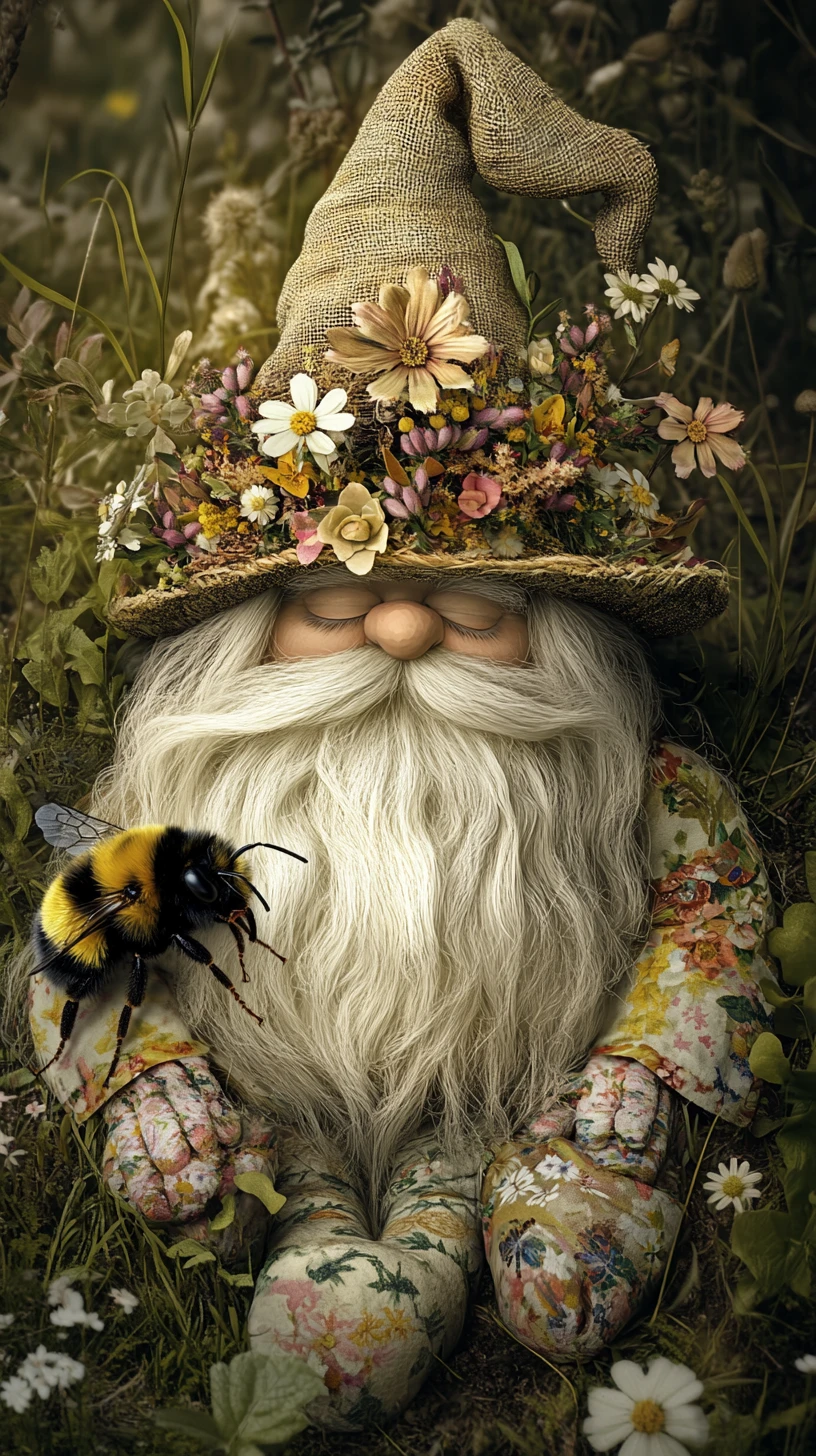Nain de jardin fantaisiste se reposant dans l’herbe avec un bourdon