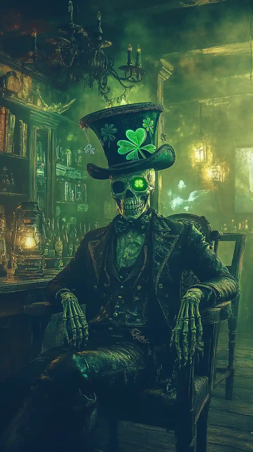 Esqueleto com chapéu de trevo em cena fantasmagórica de pub irlandês