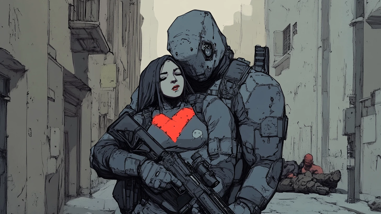 Vigilante sombrio consola mulher chorando na rua da cidade