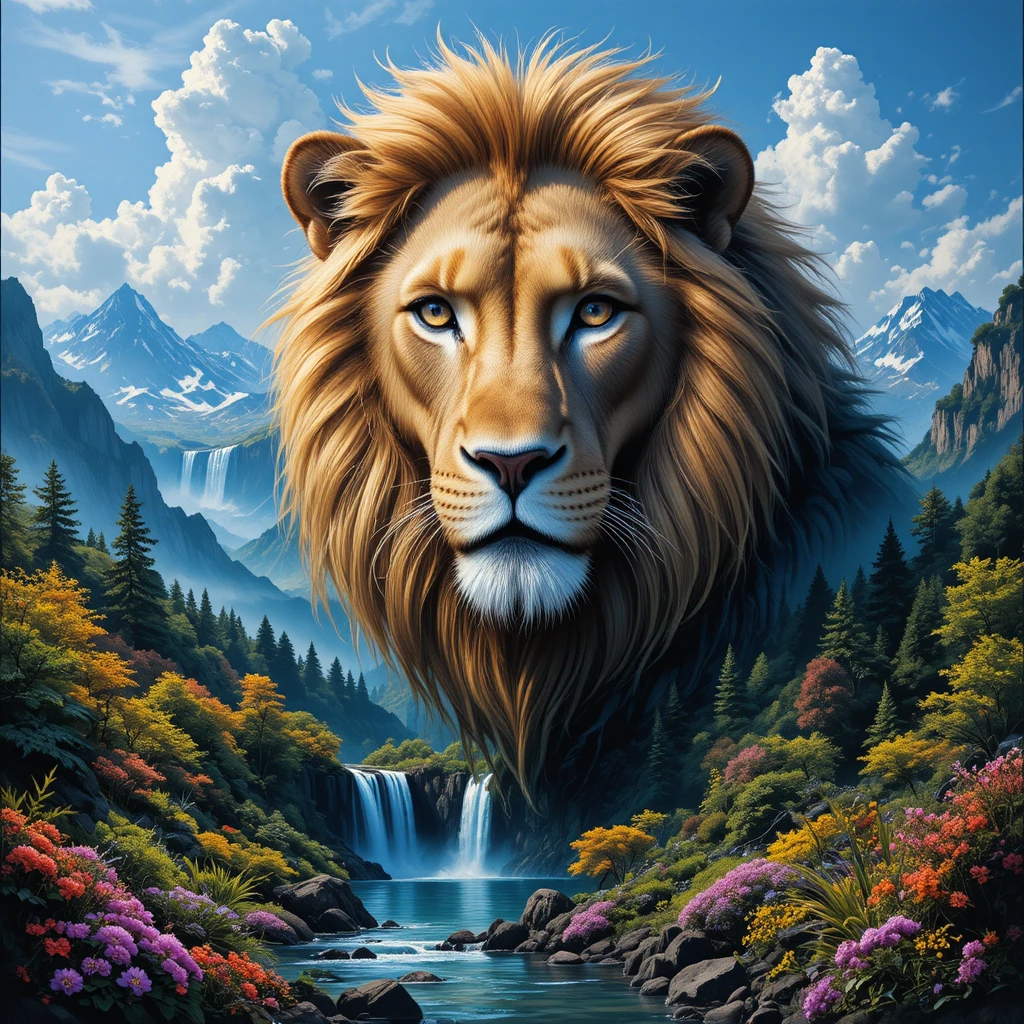 Majestic Lion Portrait Above Summer Mountain Landscape