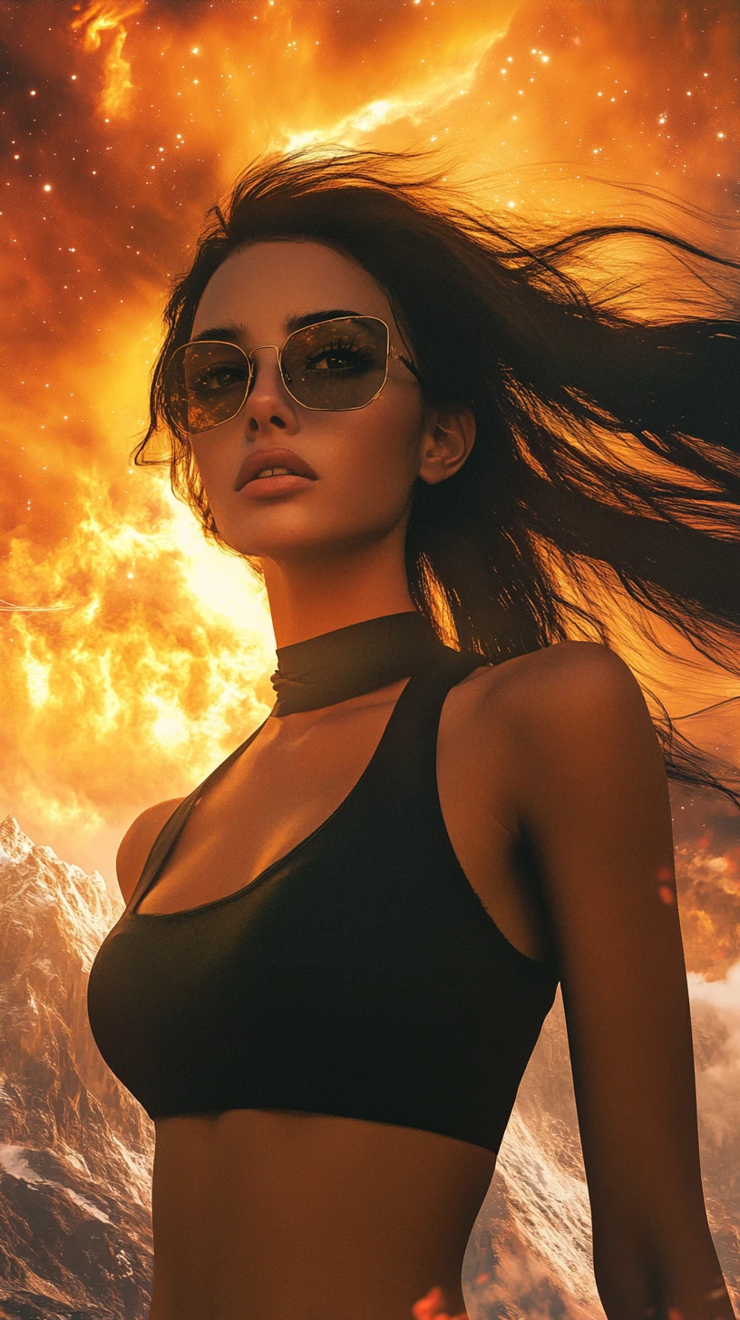 Athletic woman with flowing hair before a glowing nebula