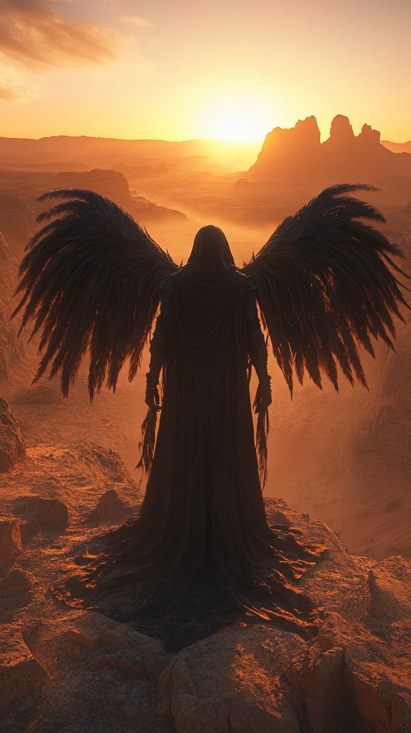 Anjo encapuzado monumental em dunas rochosas ao pôr do sol
