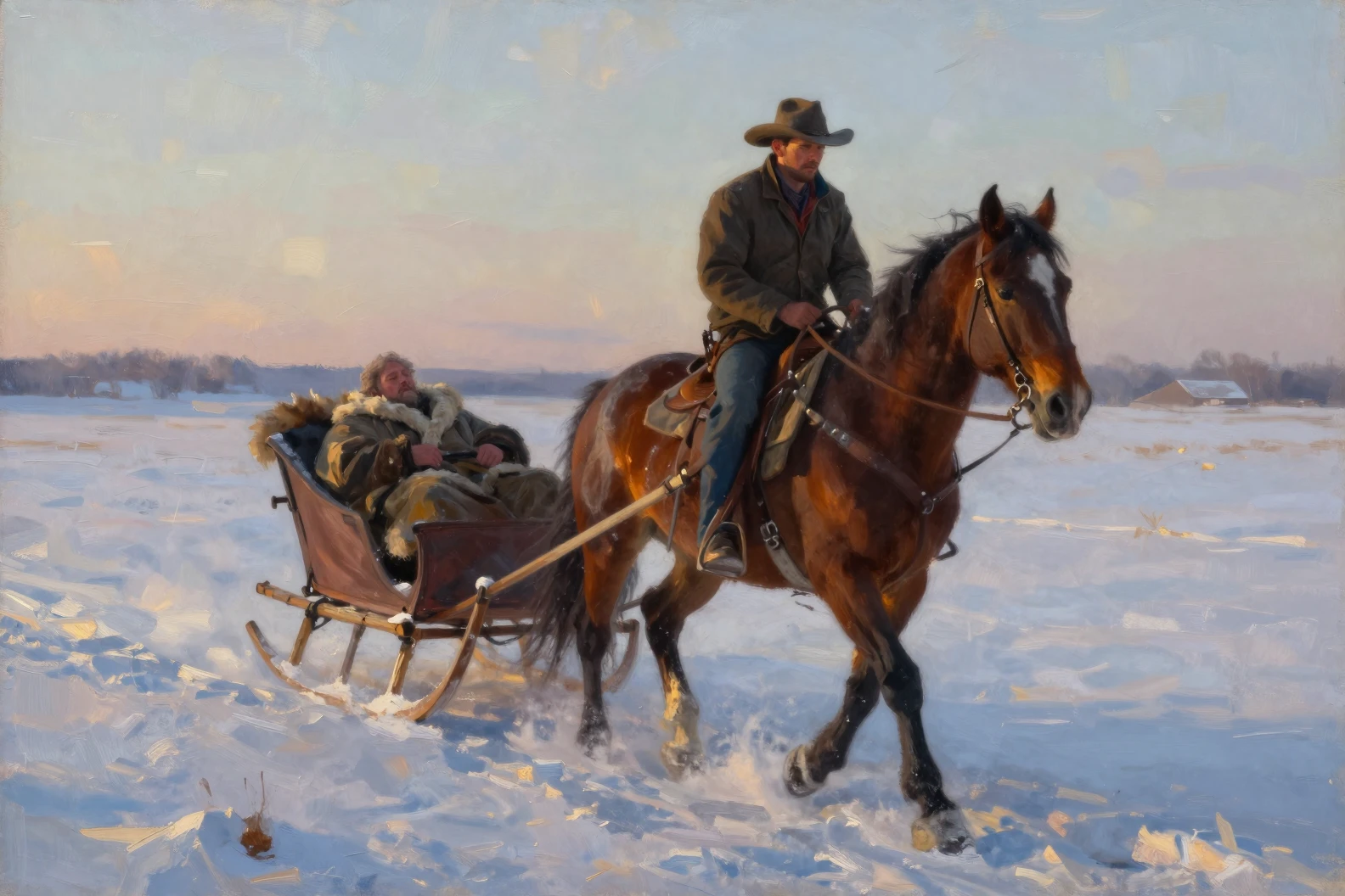 Cowboy puxando um trenó pela pradaria nevada ao pôr do sol