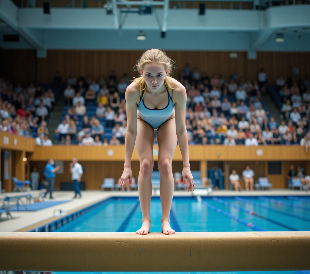 Jeune femme en équilibre sur les mains sur un plongeoir au-dessus d’une piscine olympique