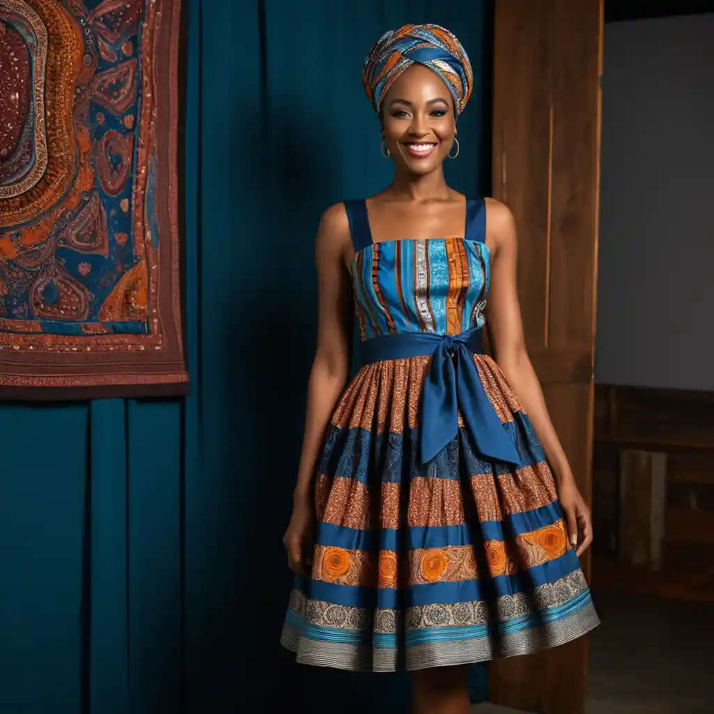 Smiling older woman in dress made from vintage neckties
