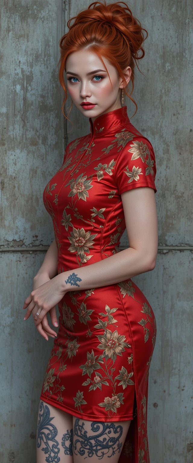 Mulher ruiva em qipao floral junto a parede de concreto