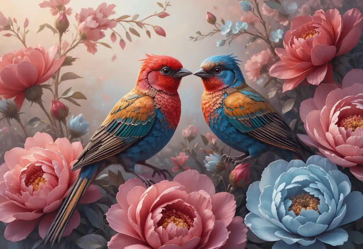 Oiseaux irisés parmi des pivoines rouges et bleues