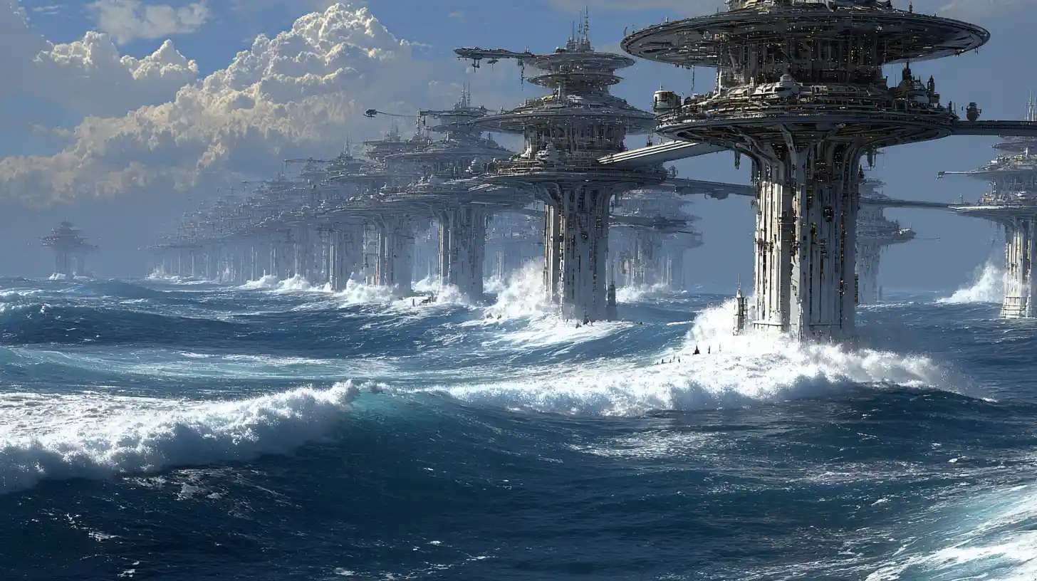 Weite futuristische Ozeanstädte, die aus einer stürmischen Wasserwelt emporragen