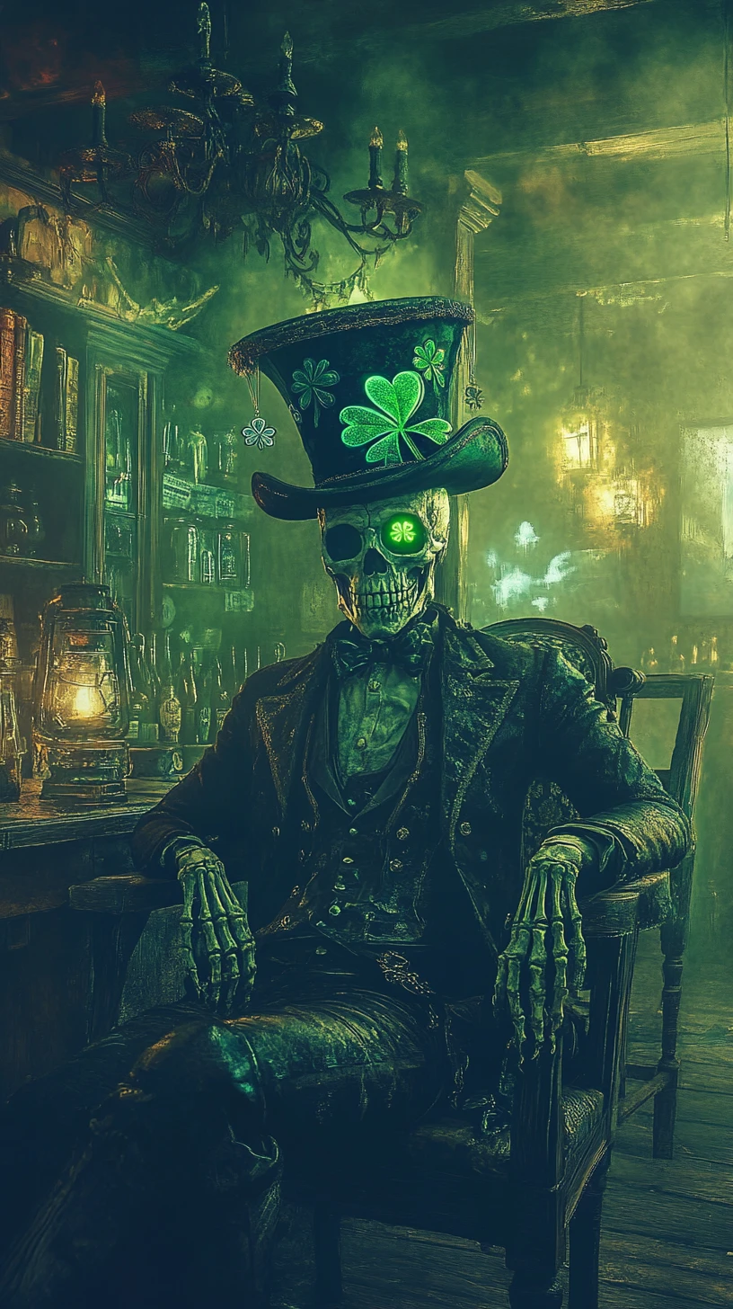 Esqueleto com chapéu de trevo em cena fantasmagórica de pub irlandês