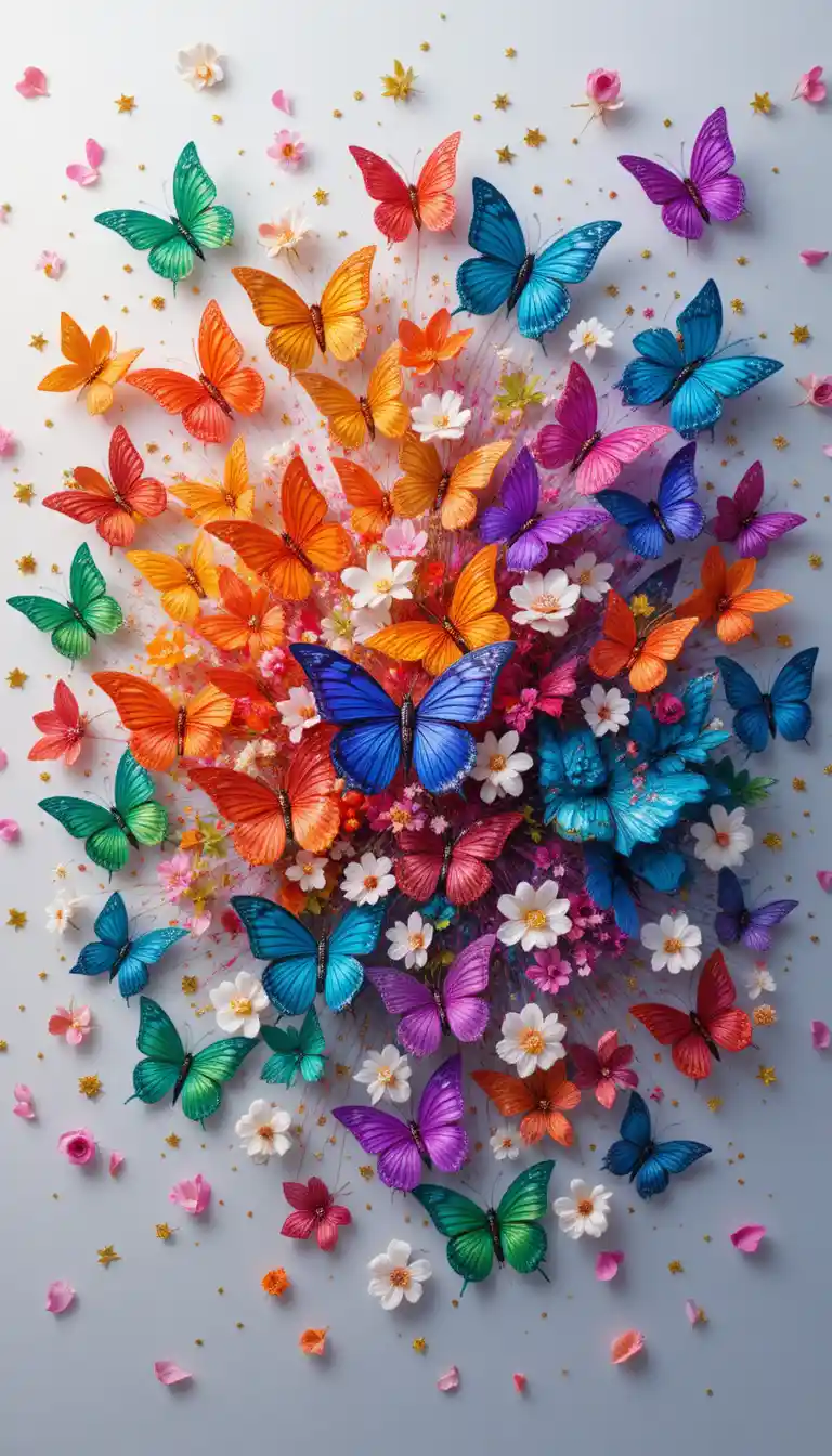 Papillons brodés rayonnants dans un tourbillon floral