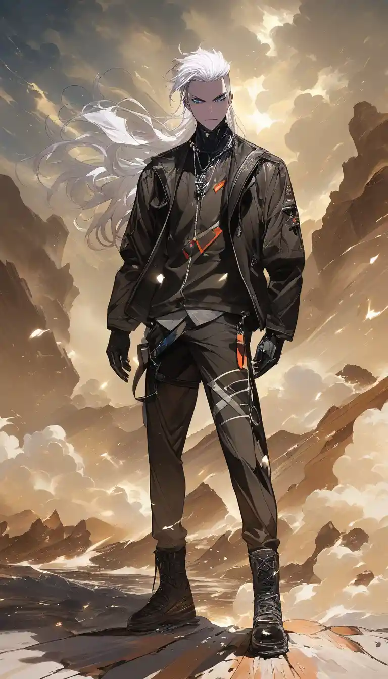 Homem de anime de cabelo branco em cena tempestuosa