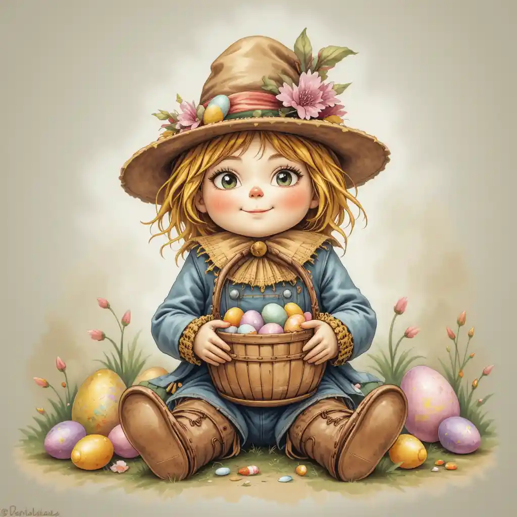 Espantalho fofo com roupa de Páscoa e cesta de doces