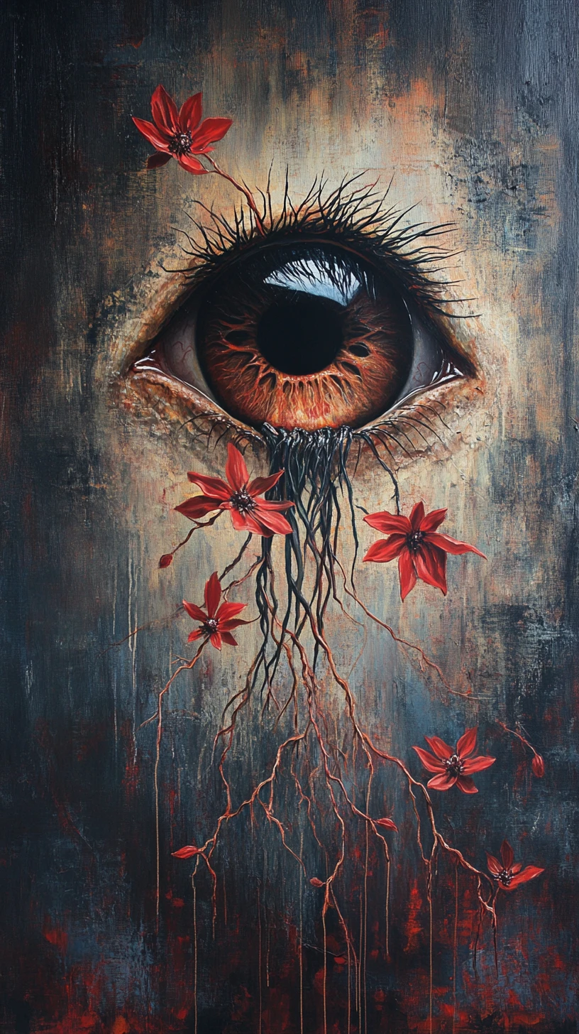 Olho Partido Surreal com Sementes e Flores na Escuridão