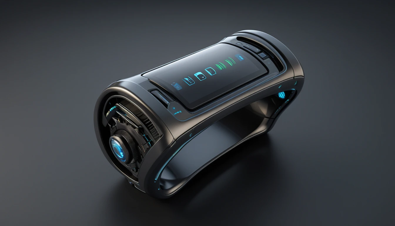 Futuristic alien wrist device with illuminated glass touchscreen