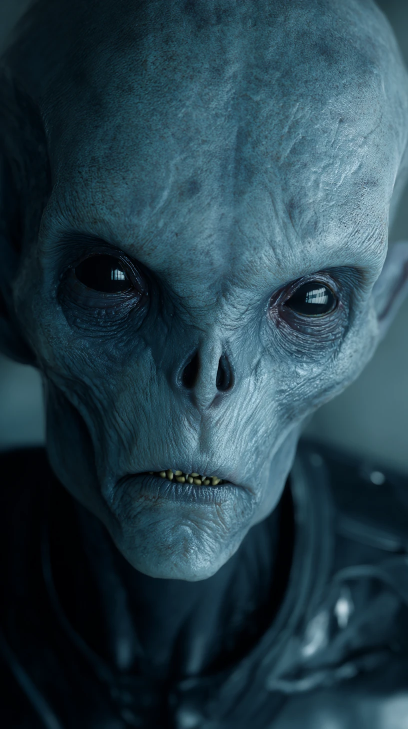 Humanoide alienígena con traje de látex negro sobre fondo azul de estudio