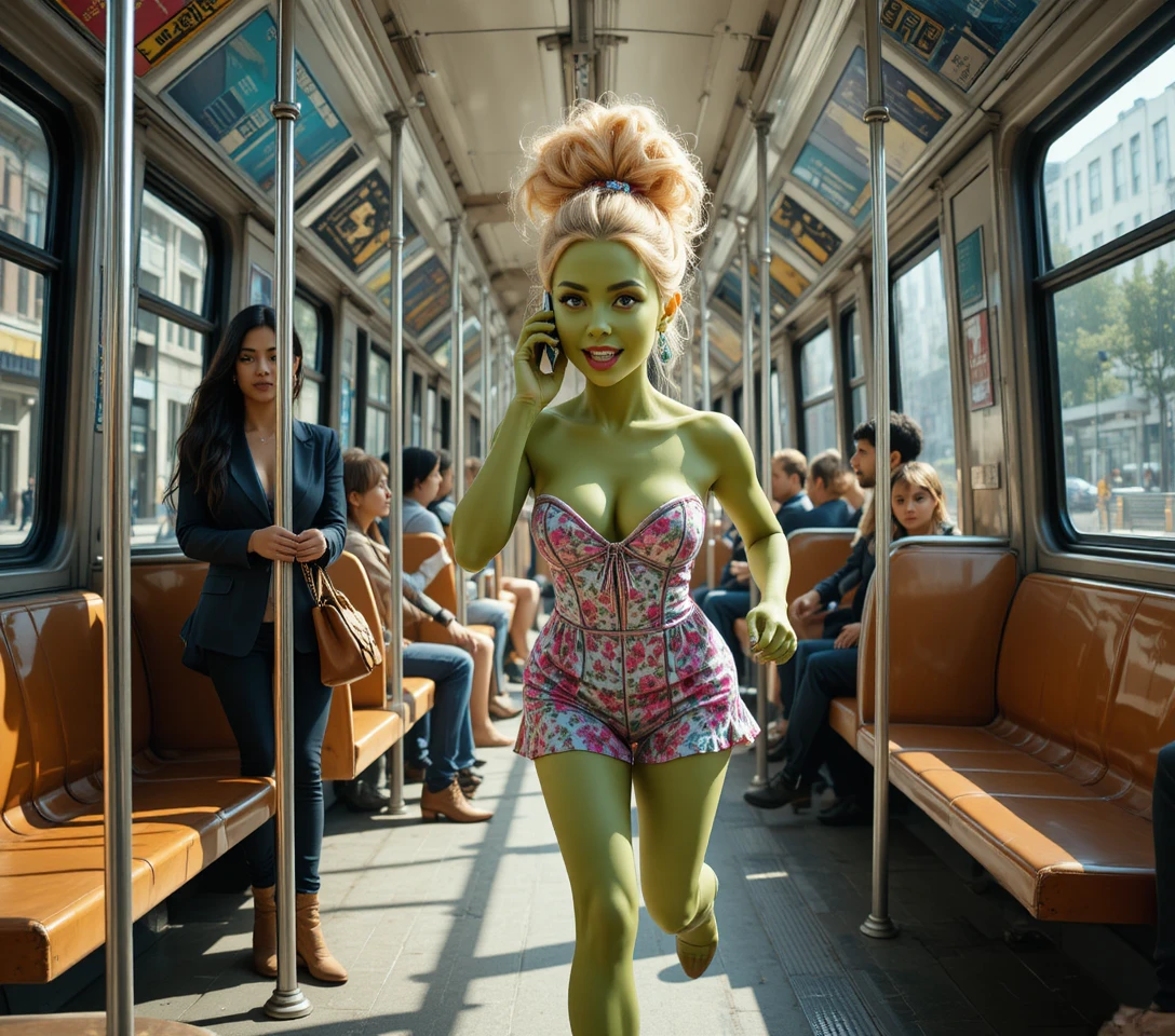Angry green muscular woman running through a sunny park