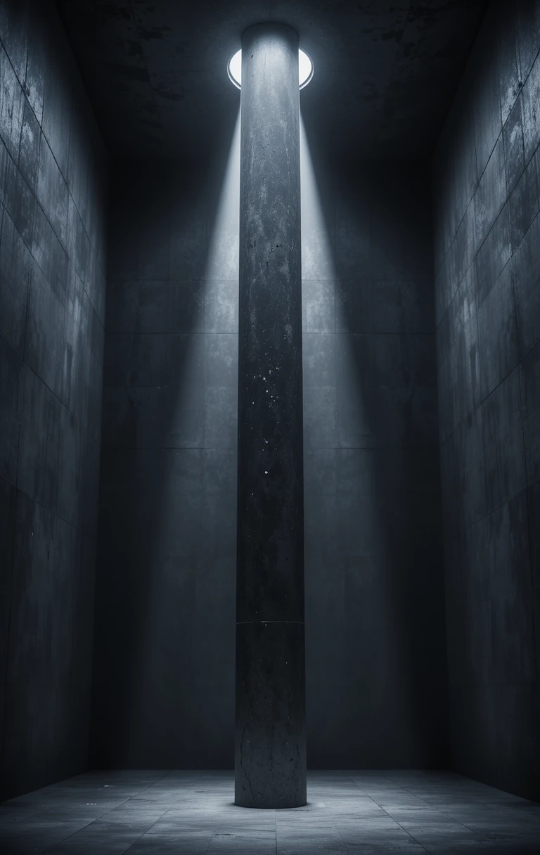 Towering concrete pillar under a single stark spotlight