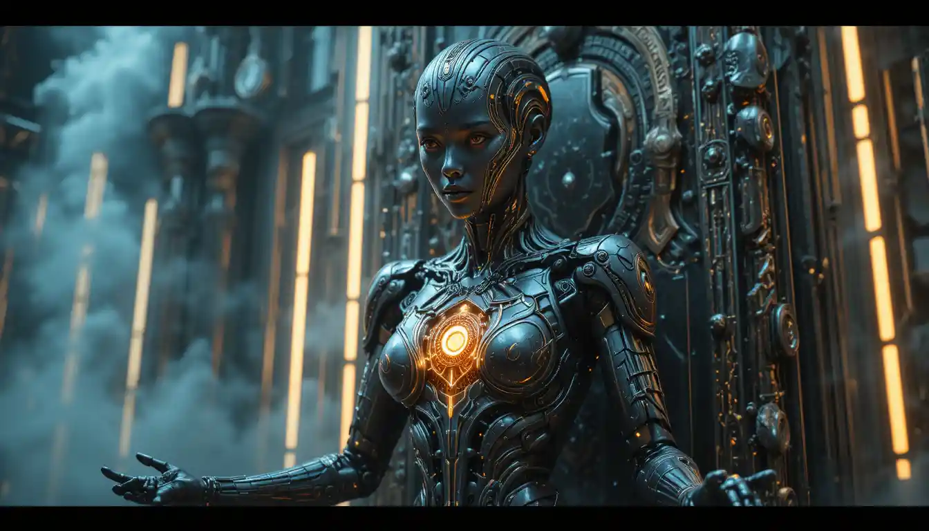 Futuristic robotic queen in a glowing high tech throne room